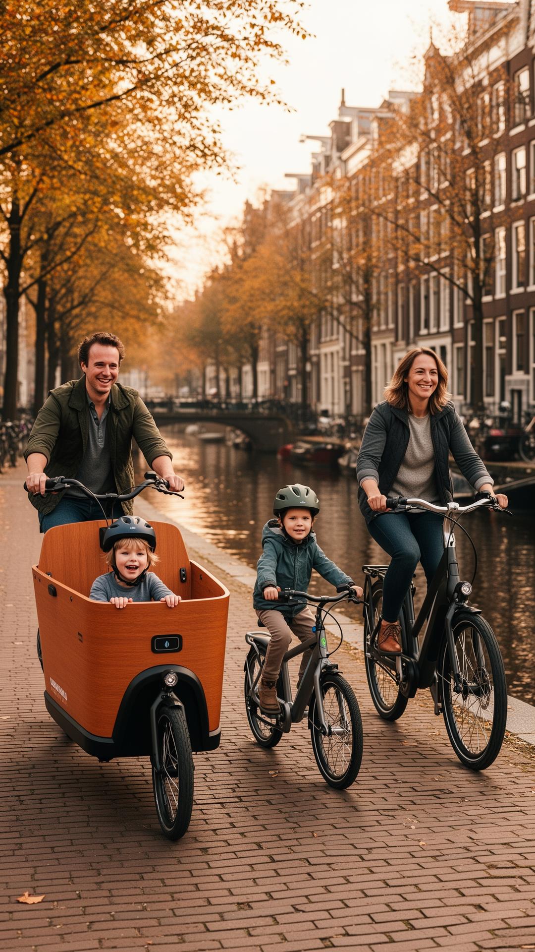 An American family cycling along an Amsterdam canal in autumn
