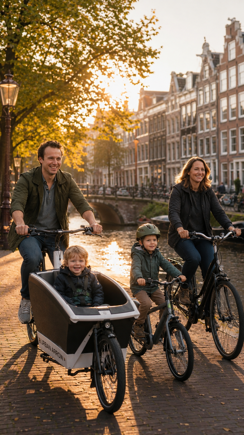 An American family cycling along an Amsterdam canal in autumn